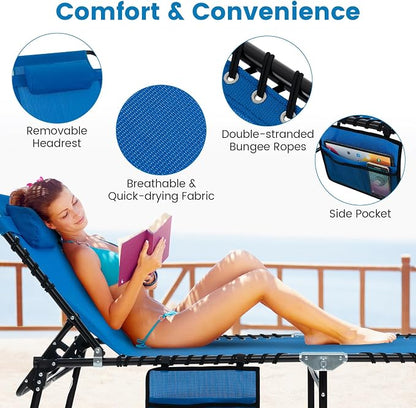Tangkula Beach Lounge Chair for Outside, Folding Chaise Lounge Outdoor with 4-Position Backrest, Removable Headrest and Side Pocket, Portable Sunbathing Tanning Chair for Patio, Poolside (1, Navy)
