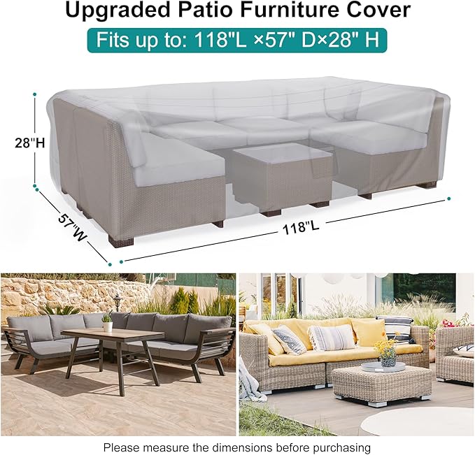 Patio Furniture Set Cover Waterproof, Heavy Duty Furniture Covers for Outdoor Sectional Sofa Set Wicker Rattan Table Chair Rectangular,118"L×57"W×28"H,Grey