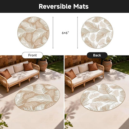 Pauwer Waterproof Outdoor Rug 6ft, Reversible Plastic Straw Patio Camping Rug, Indoor Outdoor RV Mat Carpet for Deck, Camper, Porch, Balcony, Backyard, Picnic, Leaf Brown