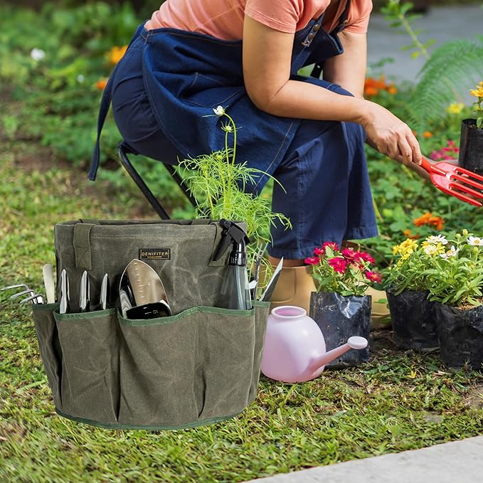 Professional 16oz Waxed Canvas Garden Tool Tote - Extra Large Waterproof Storage with 8 Pockets & Reinforced Base | Durable Carrying Case for Gardening, Landscaping & Outdoor Work