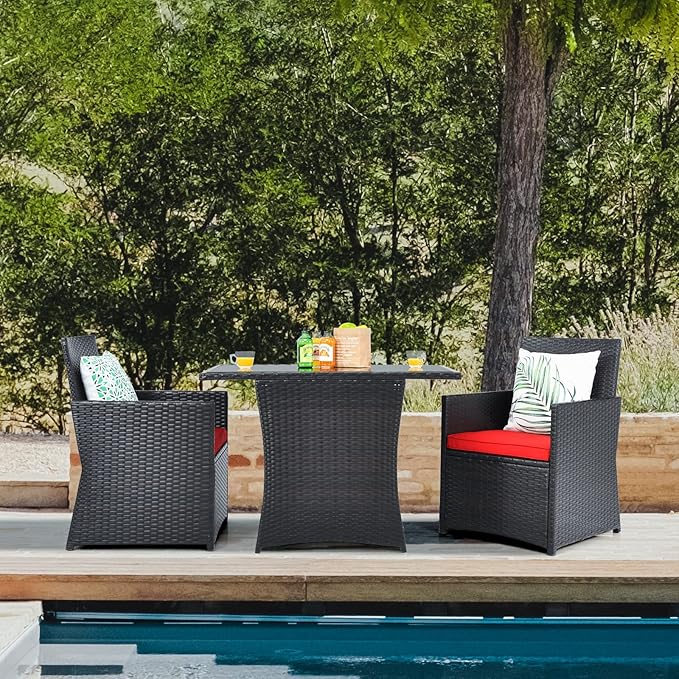 HAPPYGRILL 3-Piece Outdoor Wicker Bistro Set PE Rattan Dining Table Set with Cushioned Chairs, Patio Conversation Set for Backyard Porch Garden and Poolside