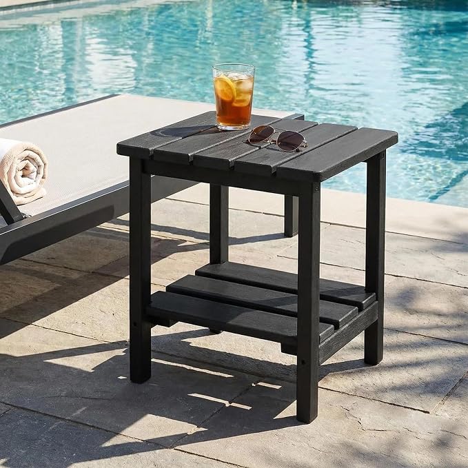 Furnimart Adirondack 2-Layer Square Outdoor Side Table, Extra-Thick HDPE Weather-Resistant Small Patio Table, Black Outdoor End Table for Garden Balcony Yard Deck Poolside(Black)
