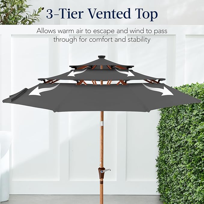 Best Choice Products 10ft 3-Tier Solar Patio Market Umbrella, Outdoor Sun Shade for Backyard, Deck, Poolside, Table w/Woodgrain Pattern, LED Lights, Tilt Adjustment - Gray