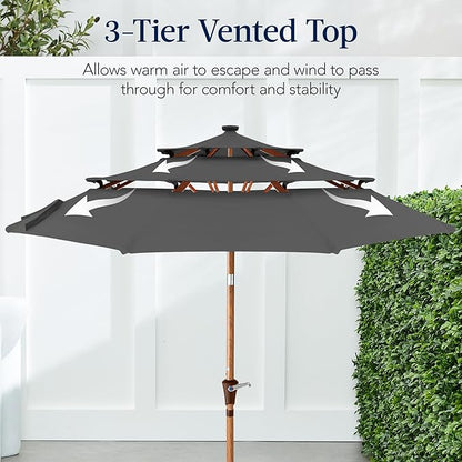 Best Choice Products 10ft 3-Tier Solar Patio Market Umbrella, Outdoor Sun Shade for Backyard, Deck, Poolside, Table w/Woodgrain Pattern, LED Lights, Tilt Adjustment - Gray