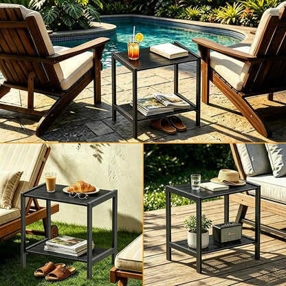 Outdoor Side Table with Storage,Weather-Resistant Square Patio End Tables,2-Tier Small Outdoor Accent Table for Backyard,Pool,Deck,Garden,Waterproof,Easy-to-Clean & Assembly,Black