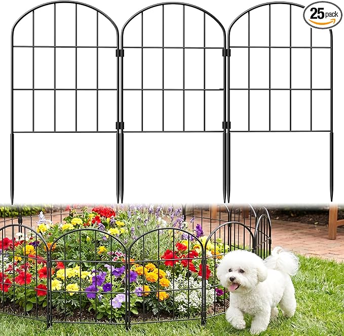 25 Pack Decorative Garden Fence Panels – 27.08ft (L) x 24"(H) Garden Fencing Dog Fence No-Dig Animal Barrier Fence Rustproof Metal Arched Garden Edging for Yard Patio Outdoor Decor Flower Bed