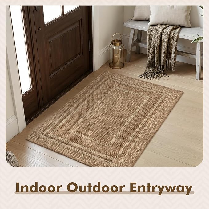 MontVoo-2x3 Outdoor Rug Porch Entryway Rug-Polypropylene Door Mat Indoor Outdoor Entrance Entry Rugs Kitchen Rugs, Textured Weave, Durable, Fade-Resistant, Non-Shedding, Modern Neutral Brown