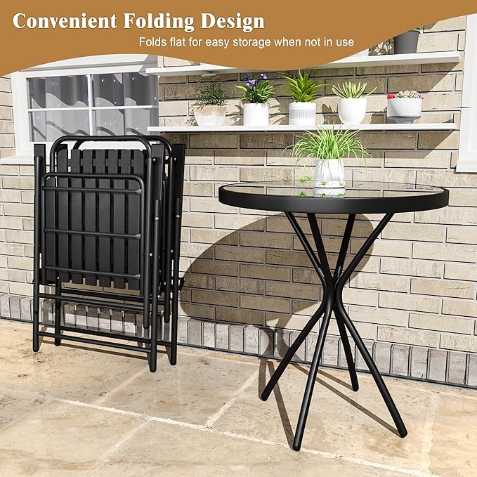 3 Piece Patio Bistro Set Folding Outdoor Dining Set for 2, Bistro Table and Chairs Set of 2 No Assembly Anti Rust Small Outdoor Bistro Sets for Lawn Backyard Balcony Poolside Deck (Black)