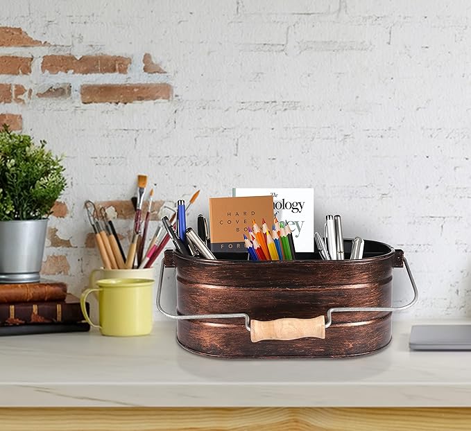 Galvanized Metal Caddy with 4 Compartments, Rustic Farmhouse Kitchen Indoor Outdoor Picnic Utensil Holder, Multipurpose Storage Bin, Metal Garden Planters - 12 Inch - Copper Antique
