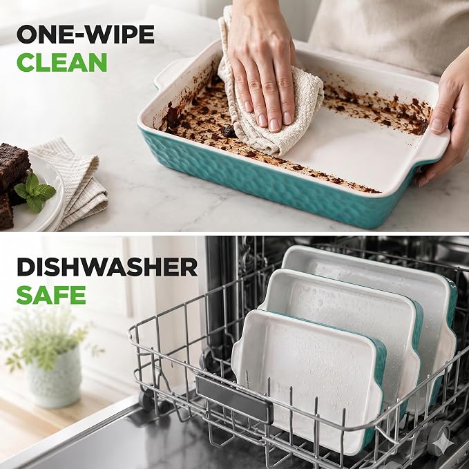NutriChef 3-pc Casserole Dish Set for Oven, Ceramic Lasagna Baking Dishes, Deep Serving Dish with Handles - Aqua, (14.7"/ 10.8"/ 7.9")