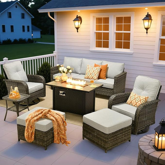 ovios 7 Pieces Patio Furniture Set, Outdoor Wicker Sofa Couch with Rocking Swivel Chairs Fire Pit Table, Modern Deep Seat Rattan Conversation Sets for Porch Deck, Grey