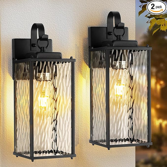12 Inch Outdoor Wall Sconces with Water Ripple Glass 2-Pack, IP65 Waterproof Matte Black Exterior Light Fixtures Outside Lights for House Front Porch Lanterns Patio Garage Lights, E26