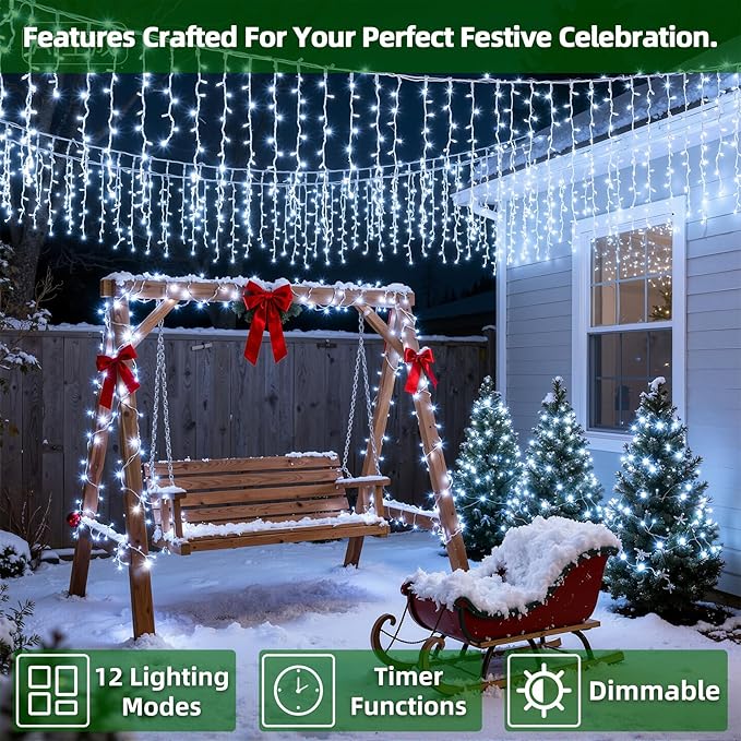 612 LED Christmas Lights with 136 Drops, 60ft 12 Modes Hanging ice String Lights with Timer & Dimmable & Waterproof, Plug-in Fairy Lights for Tree Holiday Wedding Party Christmas Decor Cool White