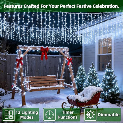 612 LED Christmas Lights with 136 Drops, 60ft 12 Modes Hanging ice String Lights with Timer & Dimmable & Waterproof, Plug-in Fairy Lights for Tree Holiday Wedding Party Christmas Decor Cool White