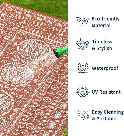 Garvee Reversible Outdoor Rug 6x9 for Patio, Waterproof Outdoor Area Rug, Modern Medallion Indoor Outdoor Rugs, Plastic Straw Rug for RV, Camping, Deck, Vintage Terracotta