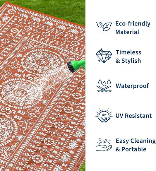 Garvee Reversible Outdoor Rug 6x9 for Patio, Waterproof Outdoor Area Rug, Modern Medallion Indoor Outdoor Rugs, Plastic Straw Rug for RV, Camping, Deck, Vintage Terracotta