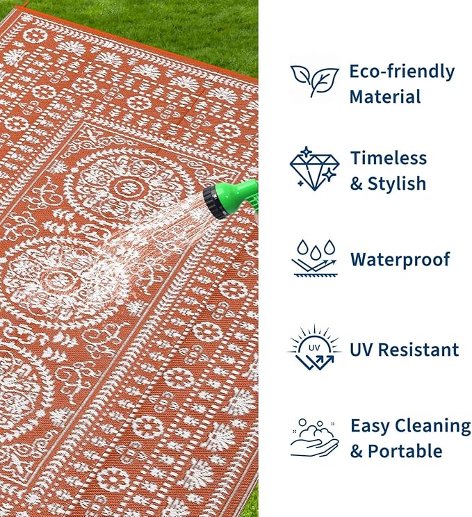 Garvee Reversible Outdoor Rug 5x8 for Patio, Waterproof Outdoor Area Rug, Boho Medallion Indoor Outdoor Carpet for Porch, Plastic Straw Rug for RV, Camping, Deck, Vintage Terracotta