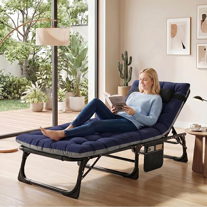 ABORON 3-in-1 Folding Patio Lounge Chair, 440LB Heavy-Duty Tri-Fold Guest Bed with Plush Cotton Cushion, No Assembly Adjustable Recliner for Office Nap, Patio Sunbathing, Poolside & Camping