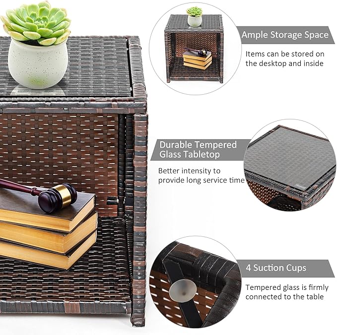 COSTWAY 3 Pieces Patio Furniture Sets, Outdoor Rattan Conversation Set with Tempered Glass Tabletop and Soft Cushion, Wicker Cushioned Chair Sofa for Backyard, Porch, Poolside, Lawn, Gray