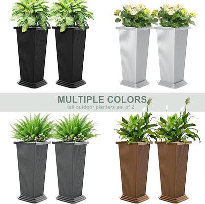 Tall Outdoor Planters Set of 2, 24" Tapered Outdoor Tall White Planter for Front Porch, Large Indoor Modern Planter Flower Pots with Tray, Drainage Holes (Ribbed)