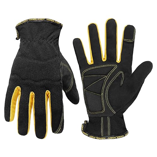 HANDLANDY Work Gloves Mens & Women, Utility Safety Mechanic Working Gloves Touch Screen, Flexible Breathable Yard Work Gloves (X-Large, Black-Yellwo)