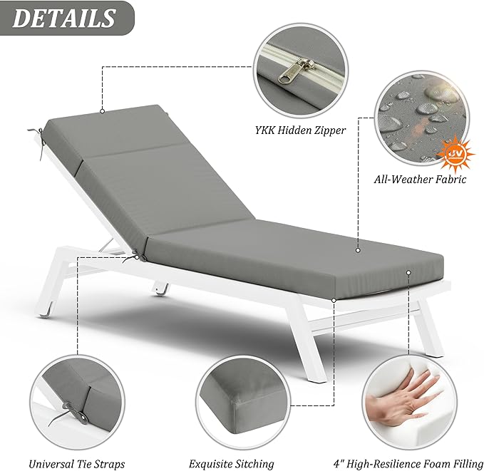 Chaise Lounge Cushion for Outdoor Furniture, Waterproof Fade and Tear Resistant Lounge Deck Chair Cushions for Patio Lawn Pool Resort Hotel