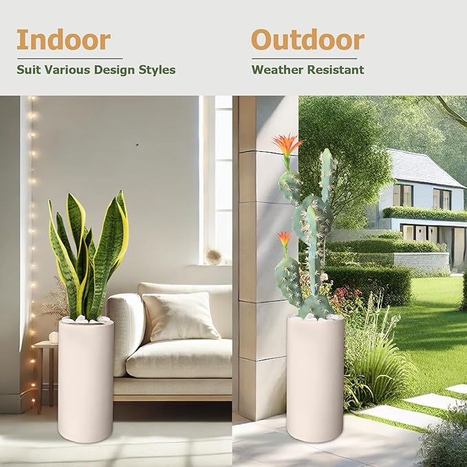 19.5" H x 9.8" D Tubo Fiberstone Cylinder Tall Planter with Drainage Hole, Smooth Finishes, Weather Resistant, Included 2 Extra Coco Mats (Kilim Beige, 8.2" Pot Opening)
