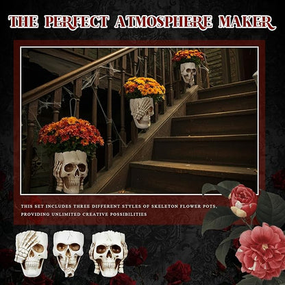 3 Pcs Skull Planter Skeleton Wall Hanging Planter Pot Gothic Spooky Head Face Flower Pot Garden Decor for Festival Party Indoor Outdoor Plants Home Garden Office Decorations(White)