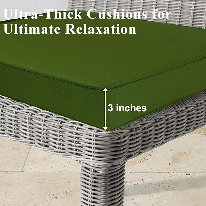 Outdoor Chair Cushions 24x24x4 Inch, Waterproof Green Patio Furniture Cushions Set of 2 with Ties & Handle, 3 Year Color Fastness Square Replacement Seat Cushions for Sofa, Couch