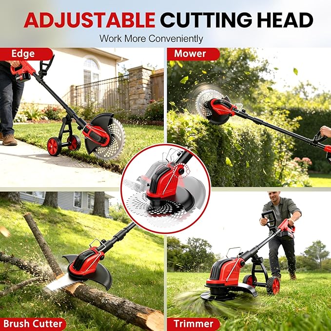 Electric Weed Wacker with Wheels, 12-Inch 2x3.0Ah 21V Battery Powered Weed Eater, Cordless Lawn Mower with 4 Types Blades, 800W Brushless Brush Cutter, 20000RPM Grass Trimmer for Garden Yard