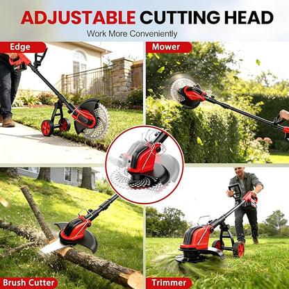 Electric Weed Wacker with Wheels, 12-Inch 2x3.0Ah 21V Battery Powered Weed Eater, Cordless Lawn Mower with 4 Types Blades, 800W Brushless Brush Cutter, 20000RPM Grass Trimmer for Garden Yard