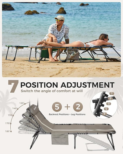 KingCamp Tanning Chair with Face Hole, Lounge Chairs Outdoor Folding Portable Comfy Adjustable 5-Position Foldable Chaise Chaser with Canopy Shade for Outside Beach Patio Sun Bathing Pool, Beige/White
