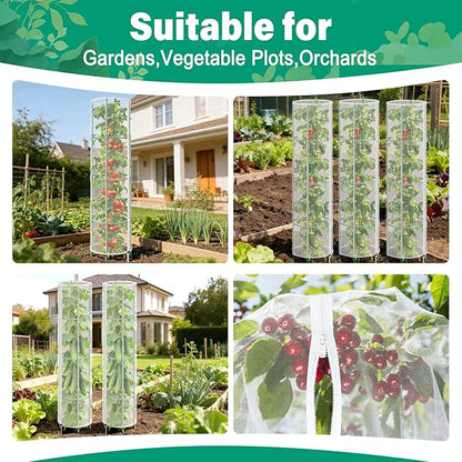 3 Pack Garden Bird Netting Plant Cover for Round Tomato Cage, 61"x13" Insect Bird Barrier Tomato Cage Net with Zipper & Drawstring, Tomato Trellis Netting Protection Cover for Protecting Plants