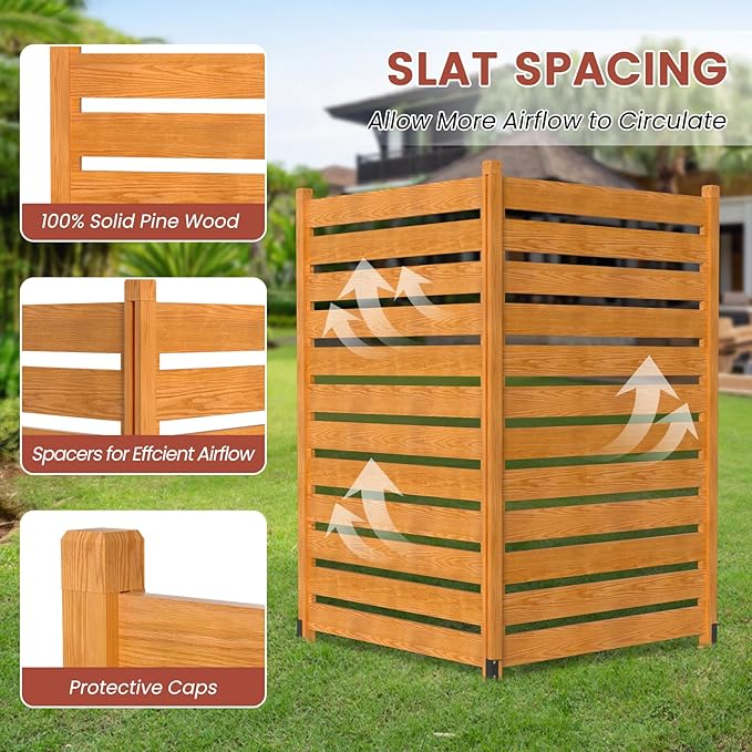 LILYPELLE 38in W x 60in H Air Conditioner Fence, 2 Panels Outdoor Decorative Fences Wood Privacy Screen with Metal Stakes, Outside Pool Equipment Enclosure Trash Can Panels