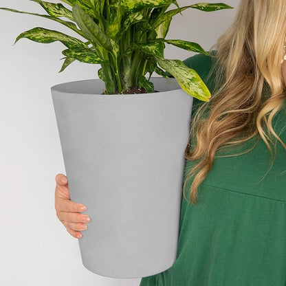 Bloem Tall Finley Tapered Round Planter: 14" - Cement - Matte Textured Finish, 100% Recycled Plastic Pot, for Indoor and Outdoor Use, Gardening, 4 Gallon Capacity