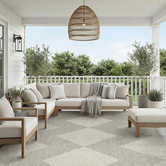 MontVoo-Outdoor Rug Carpet Patio Rug 6x9 Polypropylene Indoor Outdoor Rugs for Patio Deck Balcony Porch, Textured Weave, Durable for High Traffic, Fade-Resistant, Boho Geometric Silver Grey