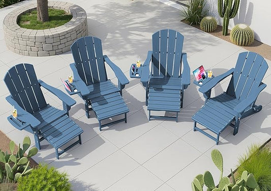 KINGYES Adjustable Folding Adirondack Chair with Footrest & 4-in-1 Multi-Functional Armrest Organizer Set of 4, HDPE Foldable Reclining Adirondack Chair with Pull-Out Ottoman, Blue