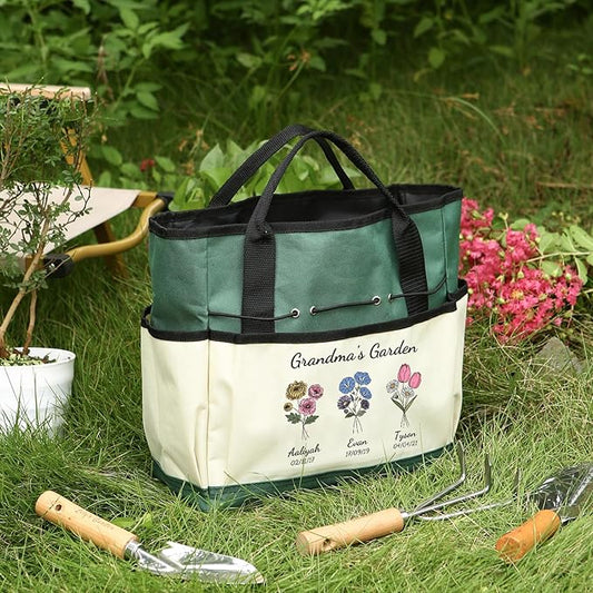 Personalized Garden Tools Set for Women: Custom Text Garden Tool Bag and Garden Shovel & Transplant Shovel & Hand Rake - Gardening Gifts for Mom Grandma Gardening Lover (3 Flowers)