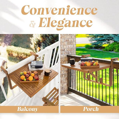 Idzo FSC Acacia Wood Folding Balcony Bar Table for Railings, Adjustable Height & Width, Teak Finish Durable Against Weather, Ideal Spacious Dimension of 27 9/16 x 23 7/16 Inch, Rectangular Design
