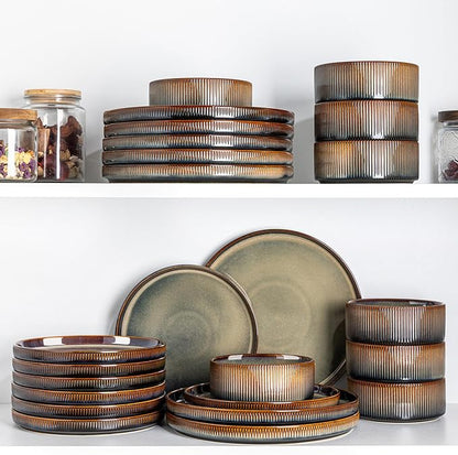 TheTerra Ceramic Dinnerware Sets for 4, 12 Pieces Porcelain Lightweight Plates and Bowls Sets, Scratch Resistant Dish Set, Oven & Microwave & Dishwasher Safe, Coca Mocha