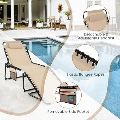 GYMAX Lounge Chairs for Outside, Extra High Folding Beach Tanning Lounger with Adjustable Backrest, Footrest & Removable Pillow, Sunbath Lounge for Patio, Lawn, Poolside (1, Beige with Pocket)