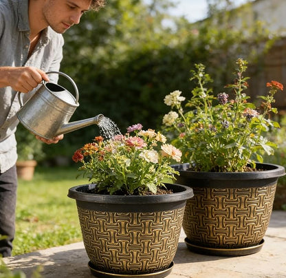 Nooulap 4 Pack 12 Inch Plant Pots,Large-Plant-Flower-Planters-Plastic, Flower Pots Outdoor Indoor with Drainage Holes & Trays, Retro Antique Imitation Decorative Garden Sets for Houseplants
