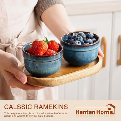 Henten Home 6 oz Ramekins Set Oven Safe, Ceramic Creme Brulee Ramekins Set of 2, Baking Cups for Pudding, Souffle, Ice Cream, Snack, Dipping (Blue)