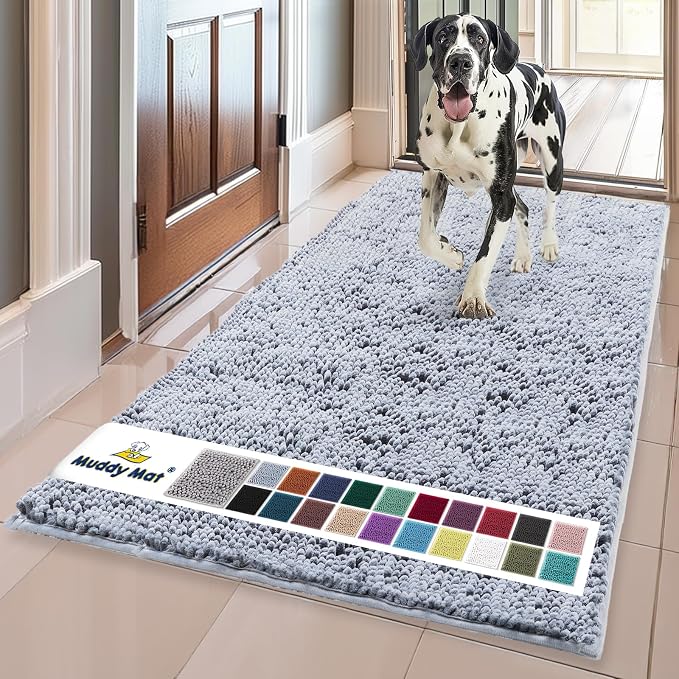 Muddy Mat® | Super Water Absorbent Door Mat Indoor, Microfiber Quick Dry Chenille Entryway Rug, Slip Resistant Front Door Mat, Indoor Mats for Entryway, Machine Washable Pet Rug, Baby Blue 24"X60"