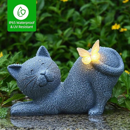 Solar Garden Statue with Glowing Butterfly, Outdoor Resin Cute Figurine with Solar Light, Waterproof Yard Decor for Patio, Lawn, Porch, and Unique Garden Gifts for Lovers (solar cat statue grey)