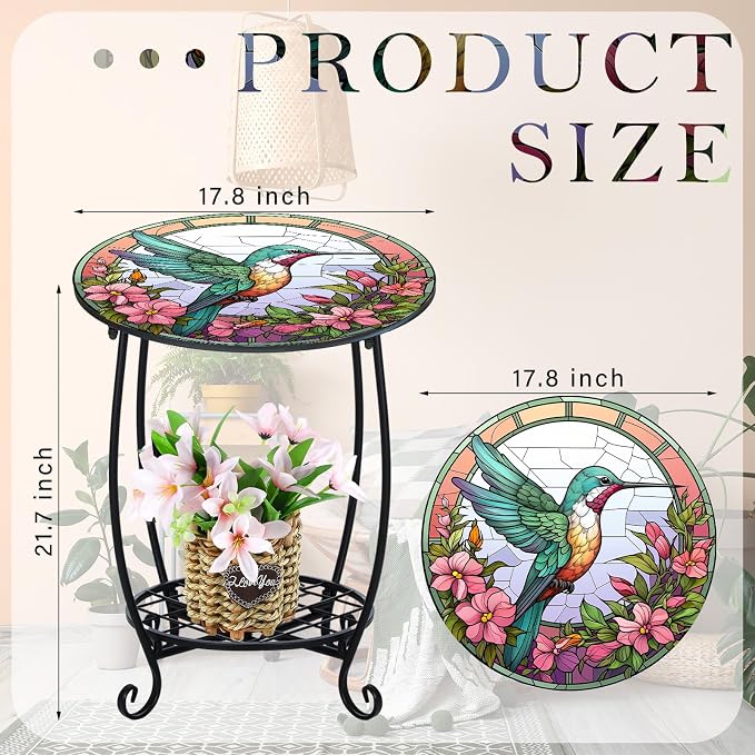Cinnvoice Outdoor Side Table Round Small Mosaic Patio Accent Indoor End Plant Coffee Tea Table for Yard Patio Porch Garden Living Room, Bedroom(Hummingbird Style,18 Inch)
