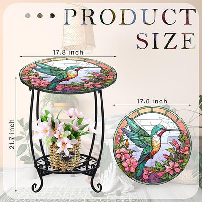 Cinnvoice Outdoor Side Table Round Small Mosaic Patio Accent Indoor End Plant Coffee Tea Table for Yard Patio Porch Garden Living Room, Bedroom(Hummingbird Style,18 Inch)