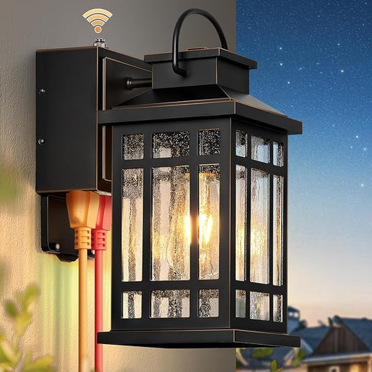 Exterior Lighting Fixtures with GFCI Outlet, Modern Black Outdoor Wall Light Fixture with Gold Trim, Dusk to Dawn Outside Lights for House, Garage, Garden, Porch, Hardwired, Easy-to-Install