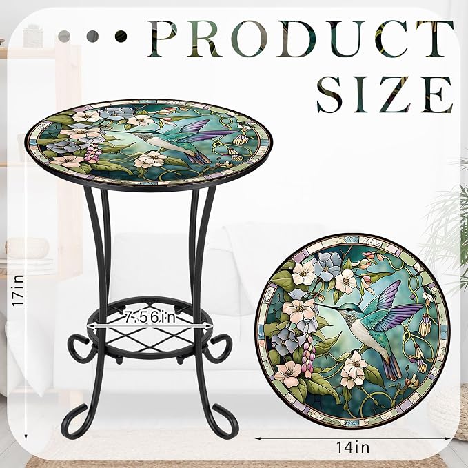 Cinnvoice Outdoor Side Table 2-Tier Round Small Mosaic Patio Accent Indoor End Plant Coffee Tea Table for Yard Patio Porch Garden Living Room, Bedroom(Hummingbird Style,14 Inch)