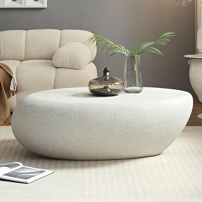 kevinplus 43.31 Modern Oval Coffee Table for Living Room, Contemporary Rustic Style Curved Coffee Table, Fiberglass Material & Grainy Stone Paint, No Assembly, Beige